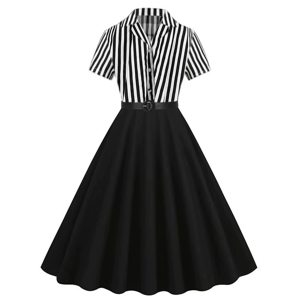 Zara Collar Short Sleeve Stripe Patchwork Belt Vintage Dress